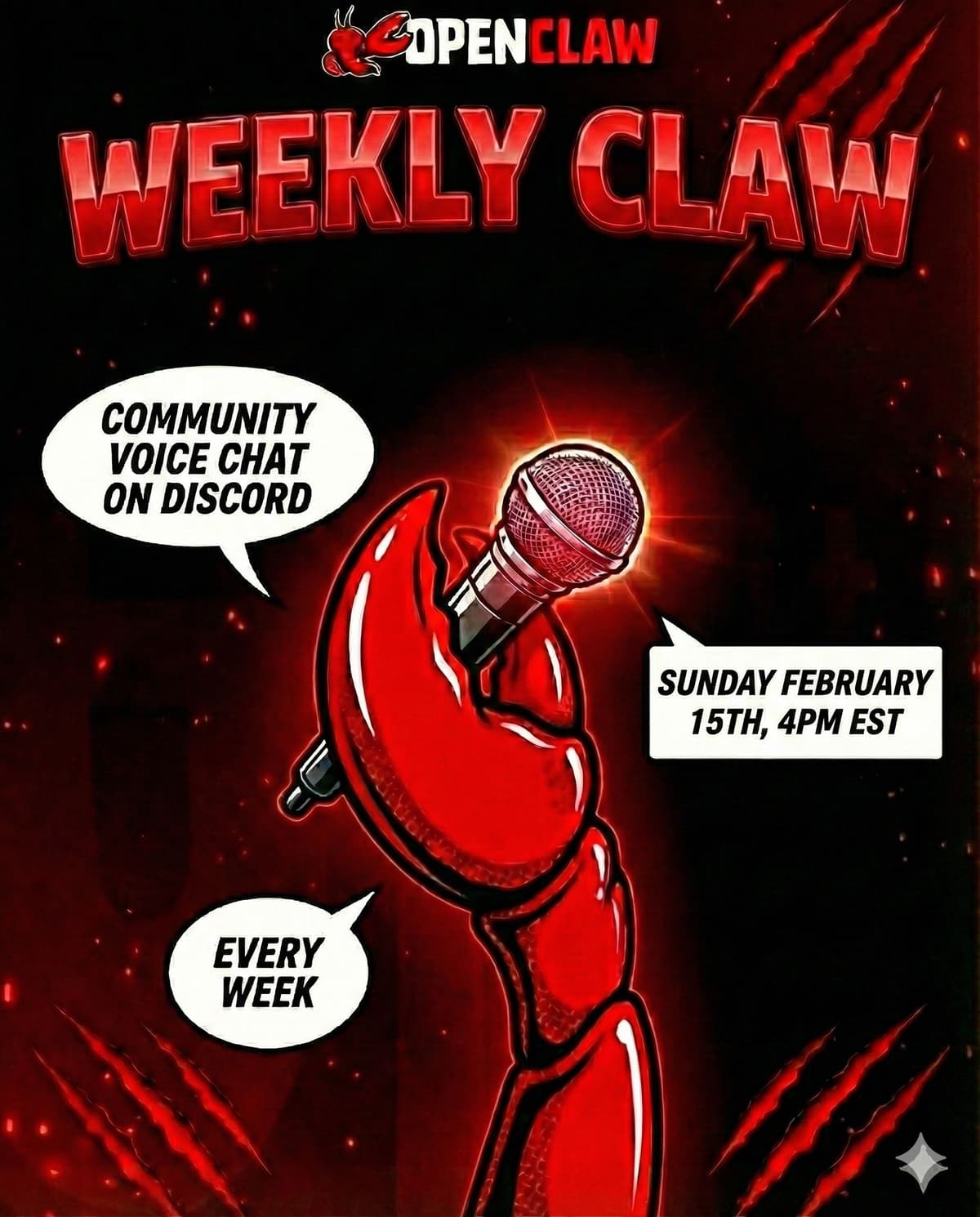 OpenClaw Weekly Claw event poster featuring a red lobster claw holding a microphone on a dark background with claw scratch marks
